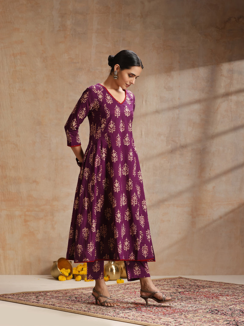 Purple, maroon & gold-toned printed kurta with trouser & dupatta