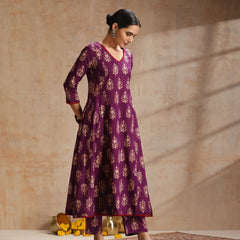 Purple, maroon & gold-toned printed kurta with trouser & dupatta