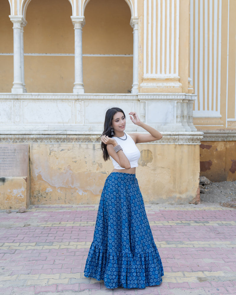 Khushal K Women's Blue Printed Cotton Flared Maxi Skirt