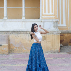 Khushal K Women's Blue Printed Cotton Flared Maxi Skirt