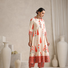Women elegant White Anarkali Kurta with Coral Prints, Palazzos & Dupatta