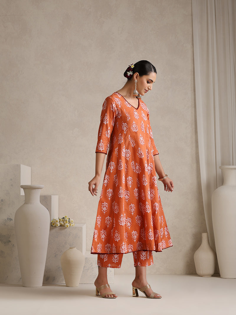Floral Printed V Neck Pure Cotton A-Line Kurta With Palazzos & Dupatta