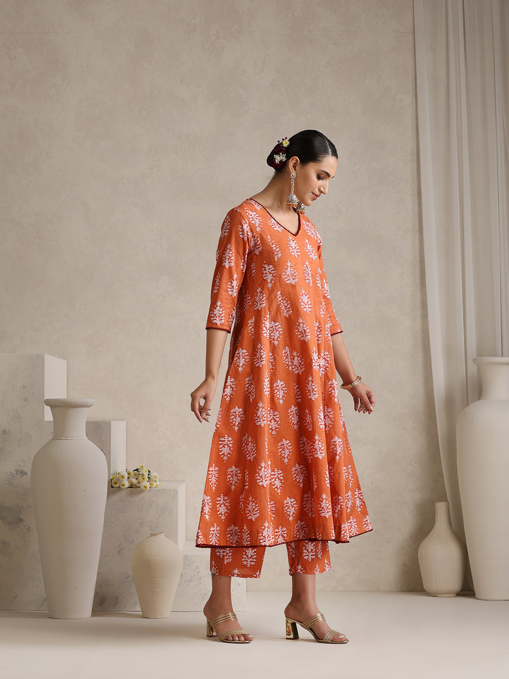 Floral Printed V Neck Pure Cotton A-Line Kurta With Palazzos & Dupatta