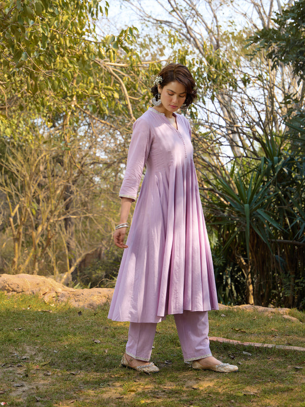 Khushal K Women Cotton Kurta and Palazzo With Dupatta Set - Lavender