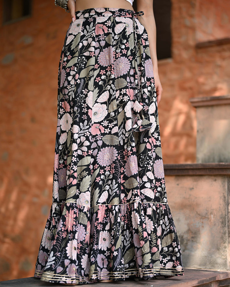 Khushal K Women's Black Printed Cotton Flared Maxi Skirt