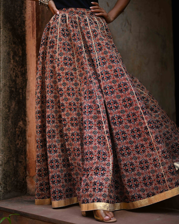Khushal K Women's Maroon Printed Cotton Flared Maxi Skirt