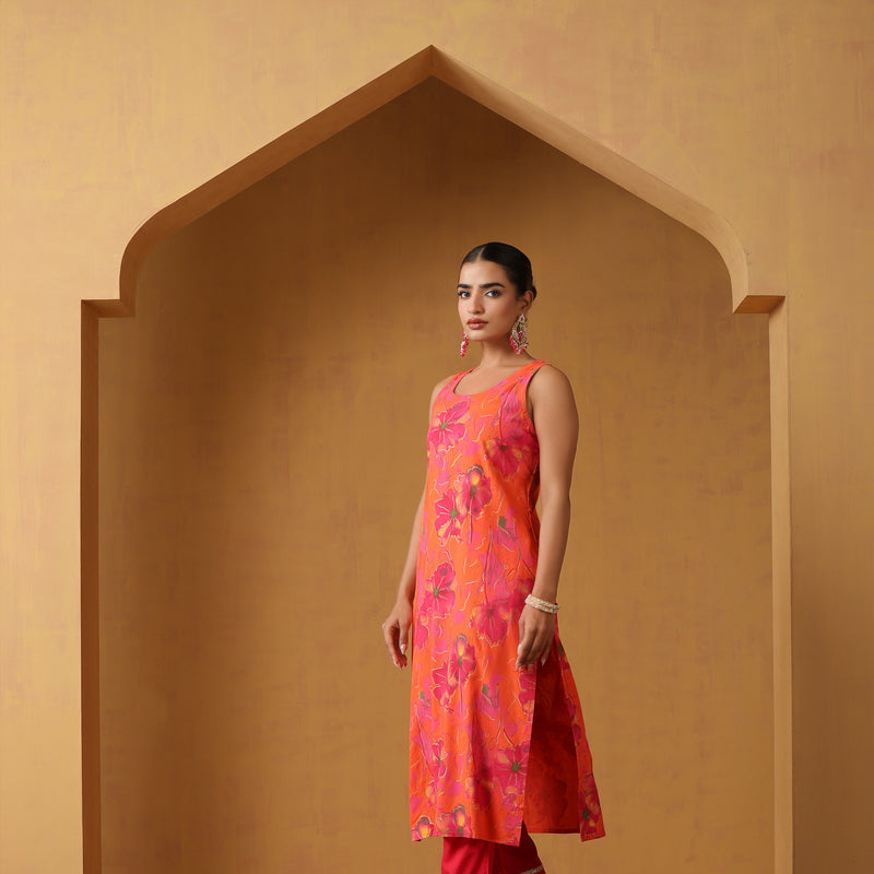Women Ethnic Motifs Printed Cotton Kurta Set - Orange - Khushal K - Image 5