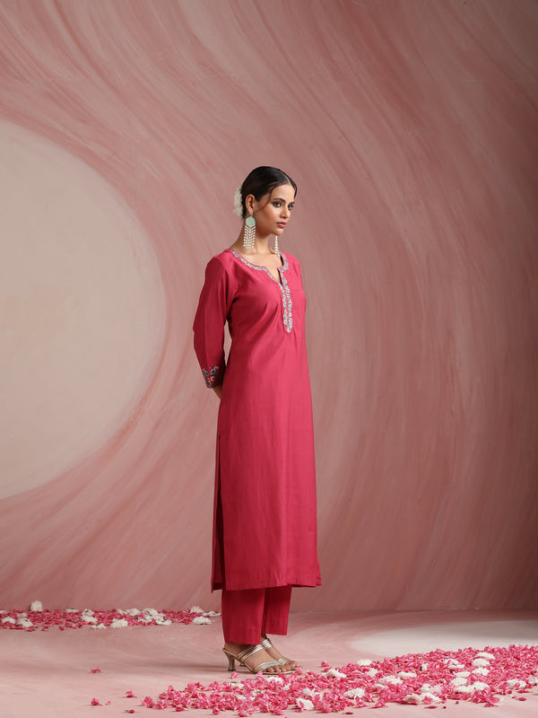 Khushal K Women Pure Silk pink Embroidered Kurta & Palazzo With Dupatta