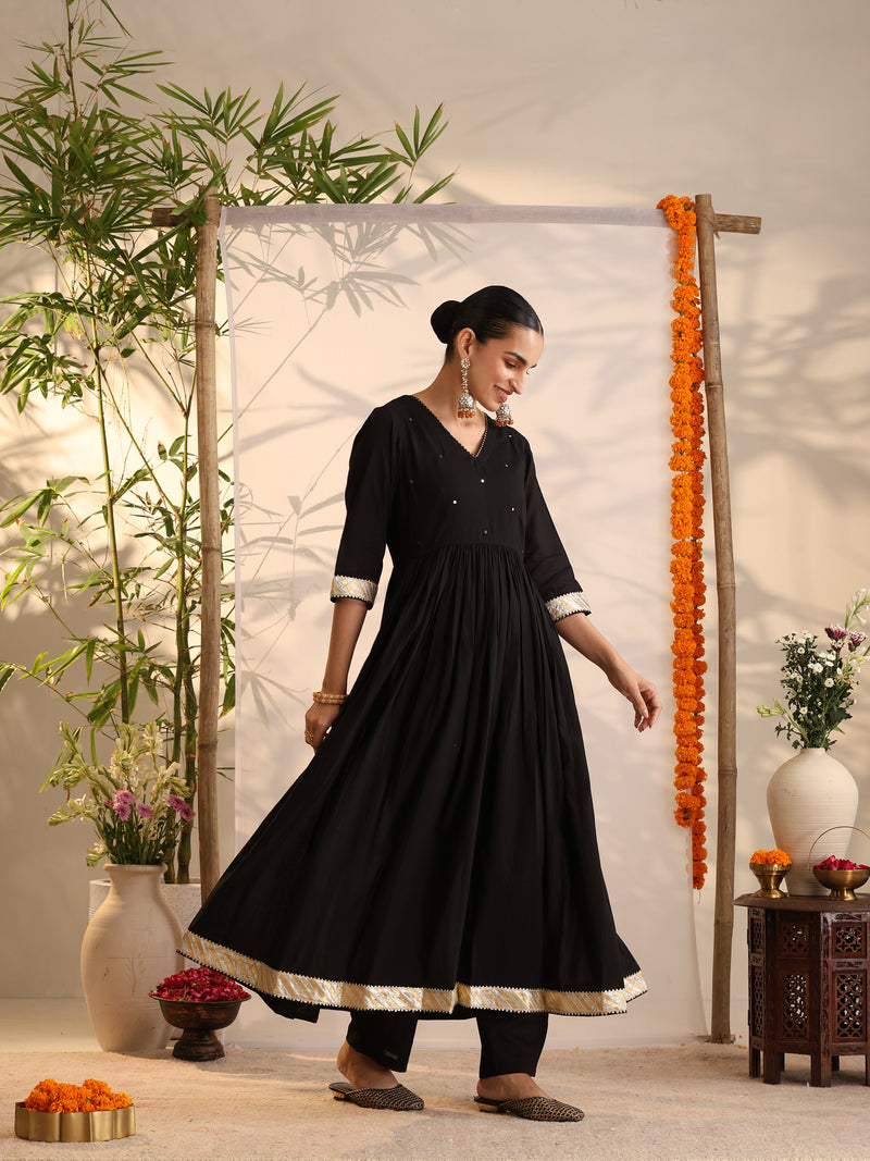 Khushal K Women Cotton Kurta and Palazzo With Dupatta Set - Black