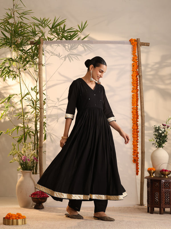 Khushal K Women Cotton Kurta and Palazzo With Dupatta Set - Black