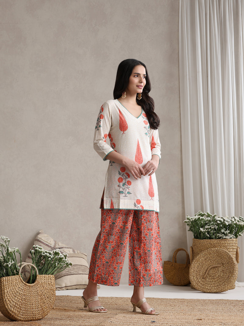 Printed Cotton V-Neck Tunic With Palazzo Co-Ords