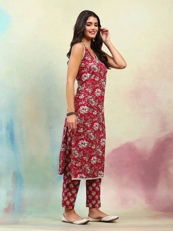 Floral Printed Regular Pure Cotton Straight Kurta with Palazzos & Dupatta