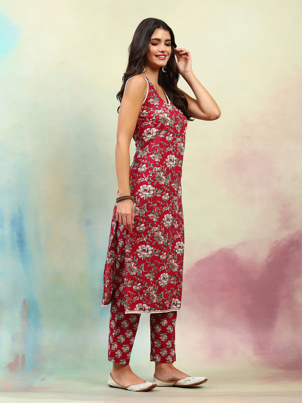 Floral Printed Regular Pure Cotton Straight Kurta with Palazzos & Dupatta