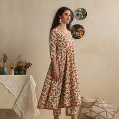 Khushal K Women Floral Cream Printed Regular Pure Cotton Kurta & Palazzo With Dupatta