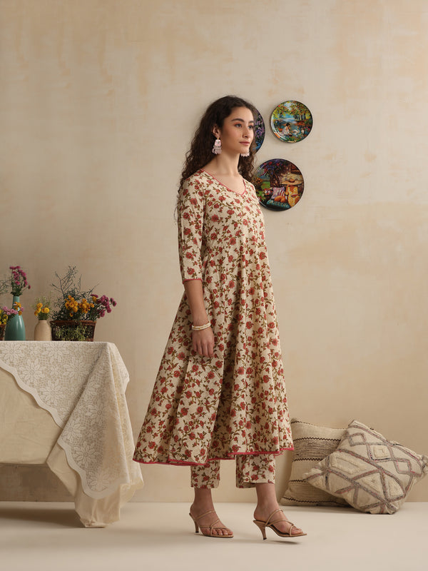 Khushal K Women Floral Cream Printed Regular Pure Cotton Kurta & Palazzo With Dupatta