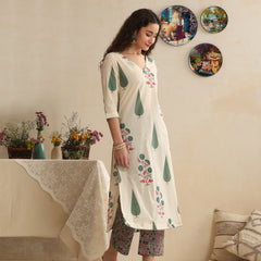 Khushal K Women Floral Printed Regular Pure Cotton Off-White Kurta & Palazzo With Dupatta