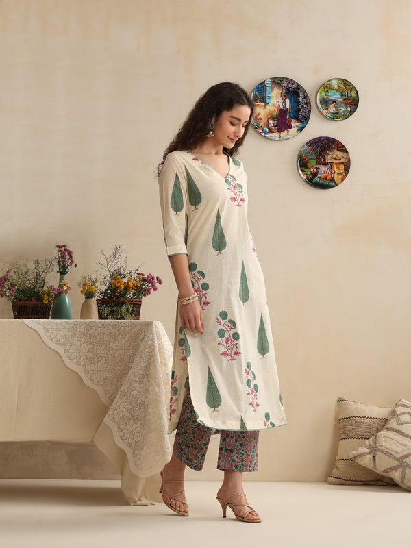 Khushal K Women Floral Printed Regular Pure Cotton Off-White Kurta & Palazzo With Dupatta