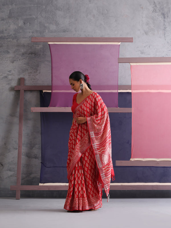 Women Hand Block Cotton Linen Printed saree