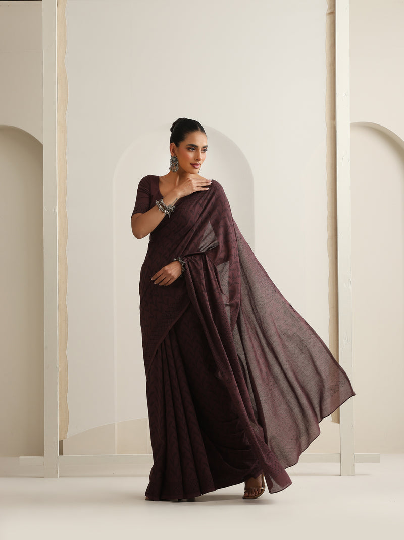 Women Hand Block Brown Pure Cotton Printed Saree