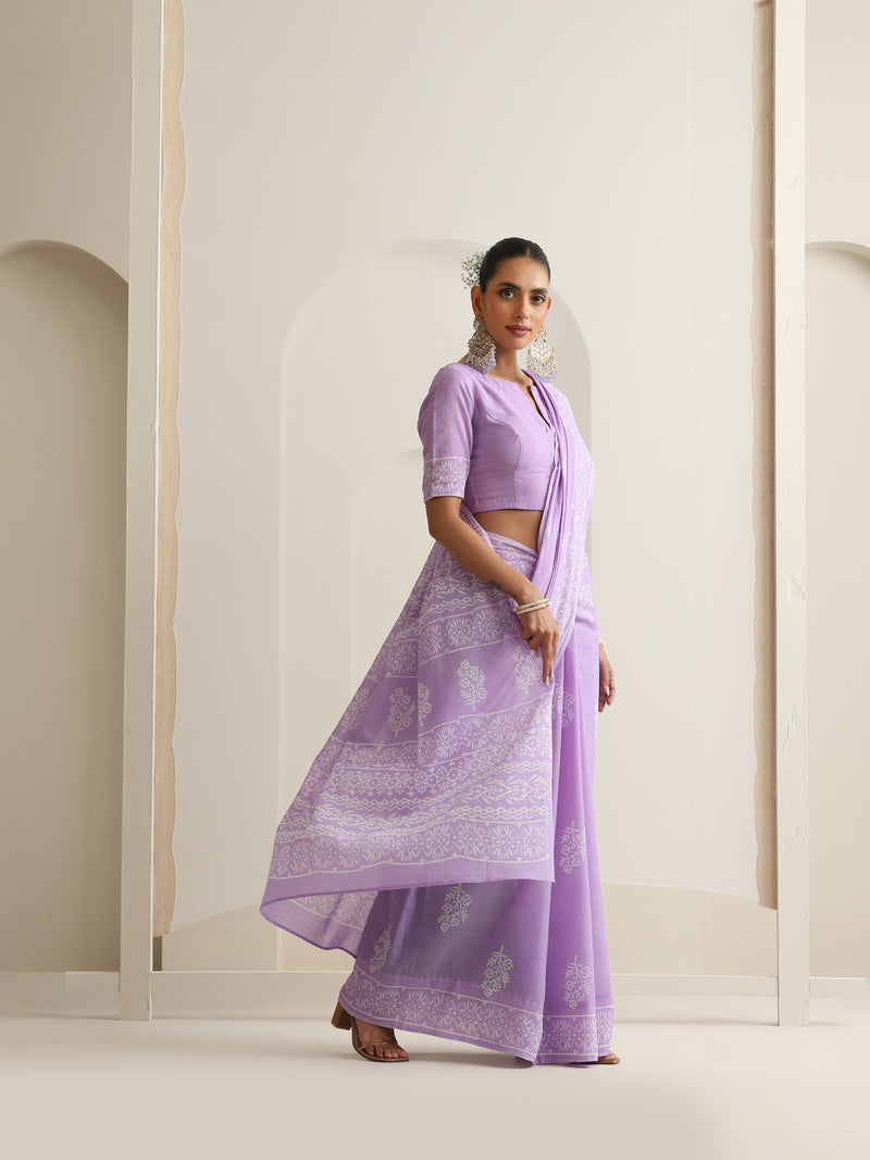 Women Hand Block Purple Pure Cotton Printed Saree