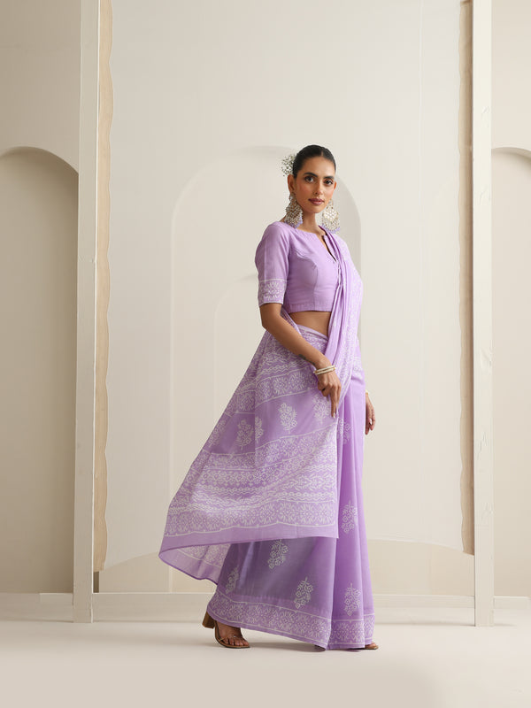 Women Hand Block Purple Pure Cotton Printed Saree