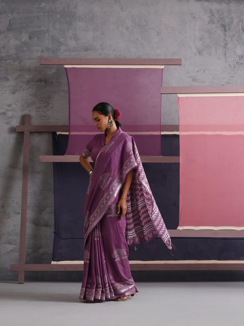 Women Hand Block Purple Cotton Linen Printed Saree