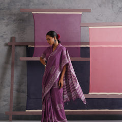 Women Hand Block Purple Cotton Linen Printed Saree
