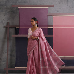Women Cotton Pink Linen Printed Saree