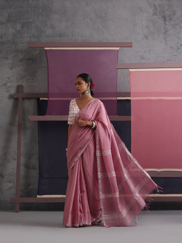 Women Cotton Pink Linen Printed Saree
