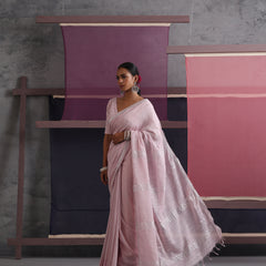Women Cotton Pink Linen Printed Saree