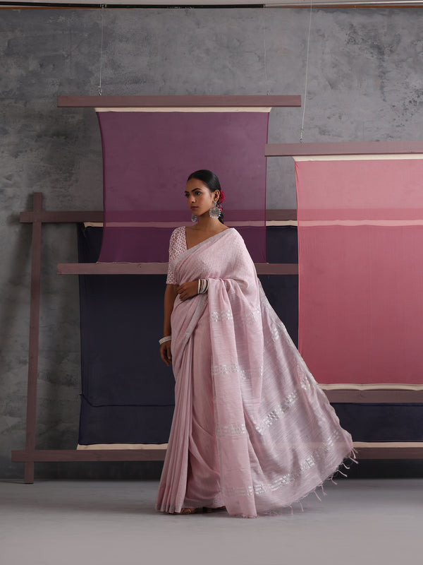 Women Cotton Pink Linen Printed Saree