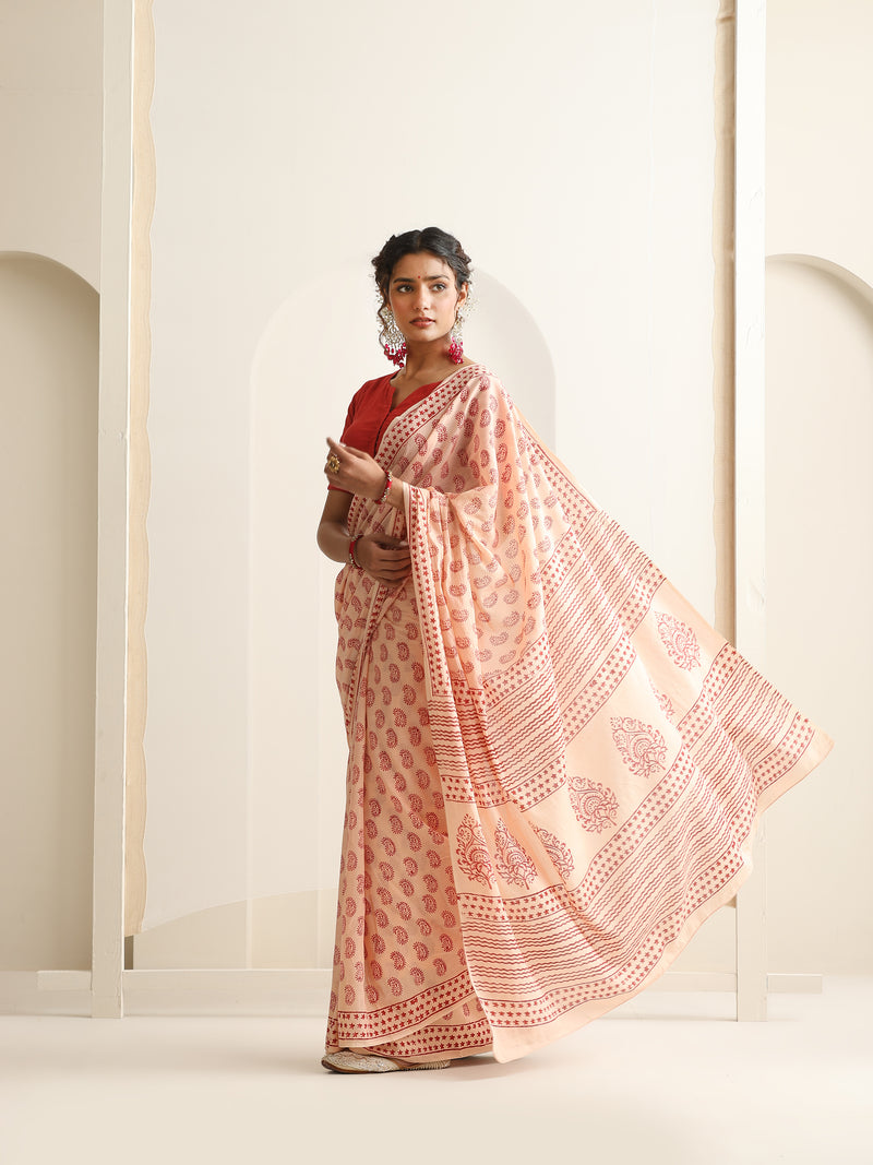 Women Hand Block Peach Pure Cotton Printed Saree
