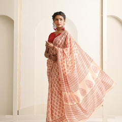 Women Hand Block Peach Pure Cotton Printed Saree
