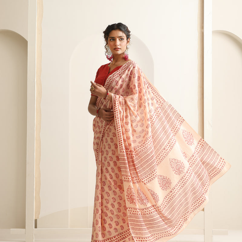Women Hand Block Peach Pure Cotton Printed Saree - Khushal K - Image 5