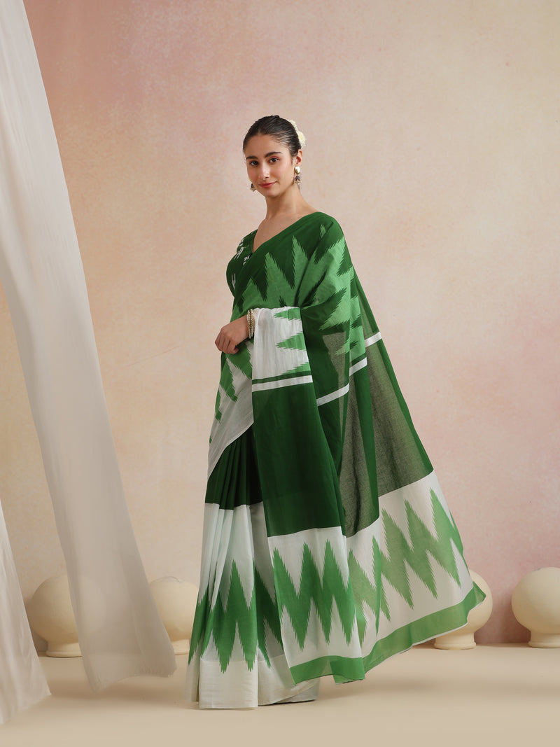Women Hand Block Green Pure Cotton Printed Saree