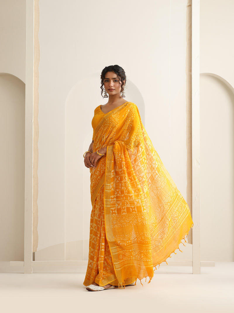 Women Hand Block Yellow Cotton Linen Printed Saree