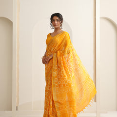 Women Hand Block Yellow Cotton Linen Printed Saree