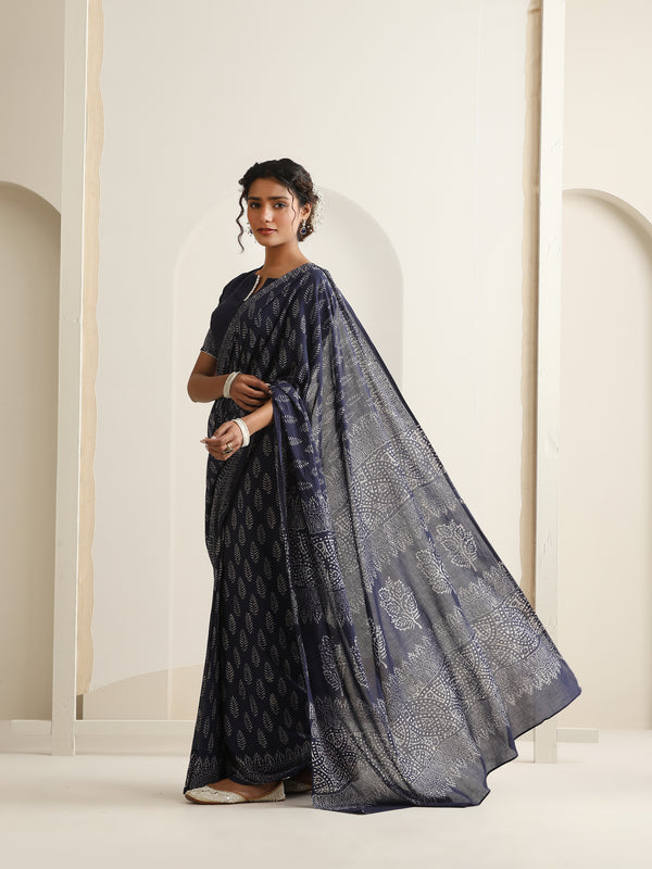 Women Hand Block Blue Pure Cotton Printed Saree