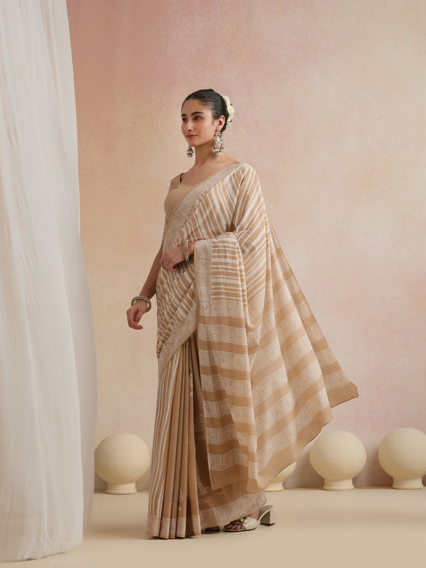 Women Hand Block Brown Pure Cotton Printed Saree