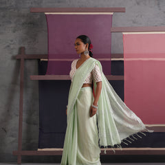 Women Cotton Green Linen Printed Saree