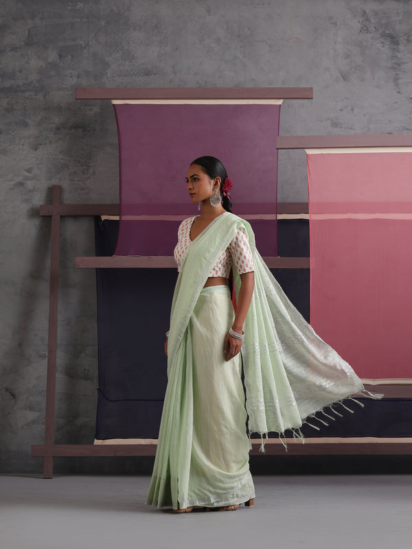 Women Cotton Green Linen Printed Saree