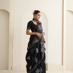 Women Hand Block Black Pure Cotton Printed Saree