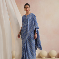 Women Hand Block Blue Pure Cotton Printed Saree