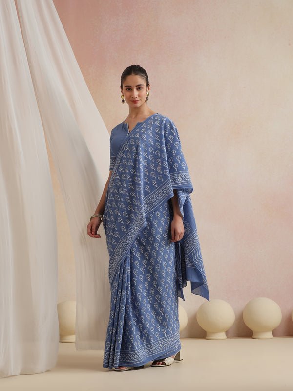 Women Hand Block Blue Pure Cotton Printed Saree