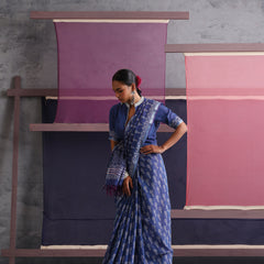 Women Hand Block Blue Cotton Linen Printed Saree