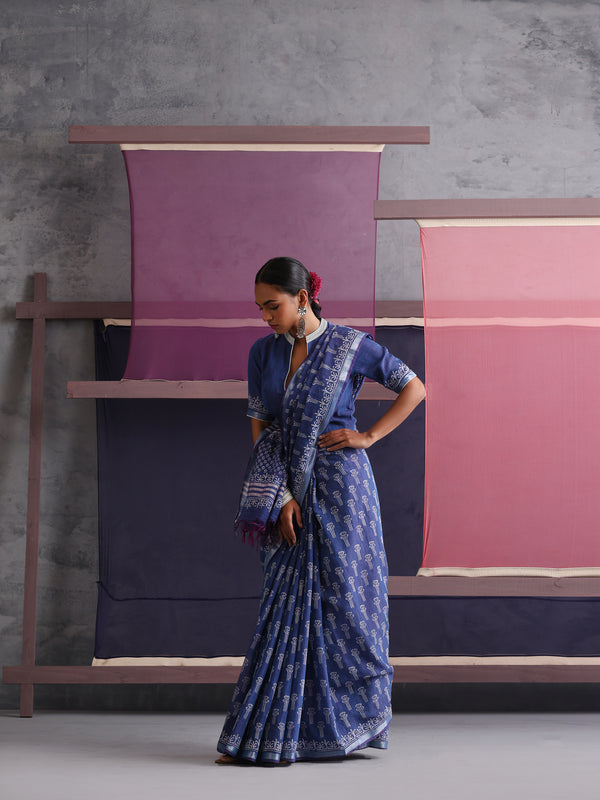 Women Hand Block Blue Cotton Linen Printed Saree