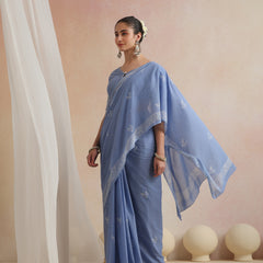 Women Hand Block Blue Pure Cotton Printed Saree