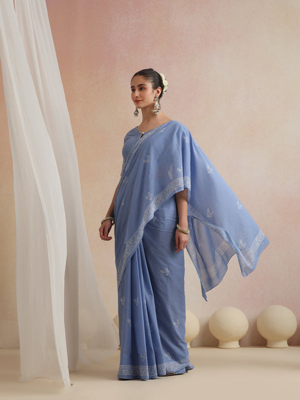 Women Hand Block Blue Pure Cotton Printed Saree