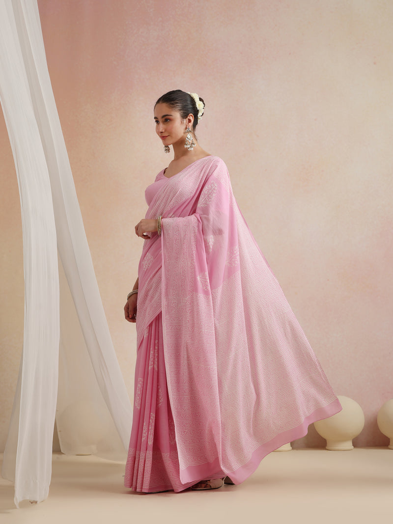Women Hand Block Pink Pure Cotton Printed Saree