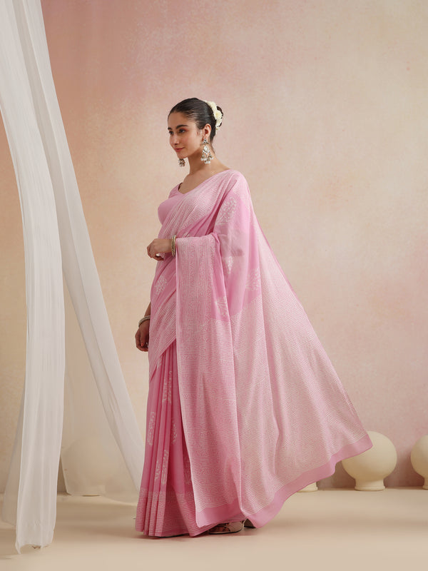 Women Hand Block Pink Pure Cotton Printed Saree